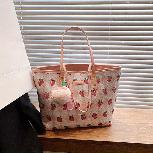 Strawberry Print Tote Bag Faux Leather Shoulder Bag Large Capacity Handbag