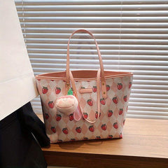 Strawberry Print Tote Bag Faux Leather Shoulder Bag Large Capacity Handbag