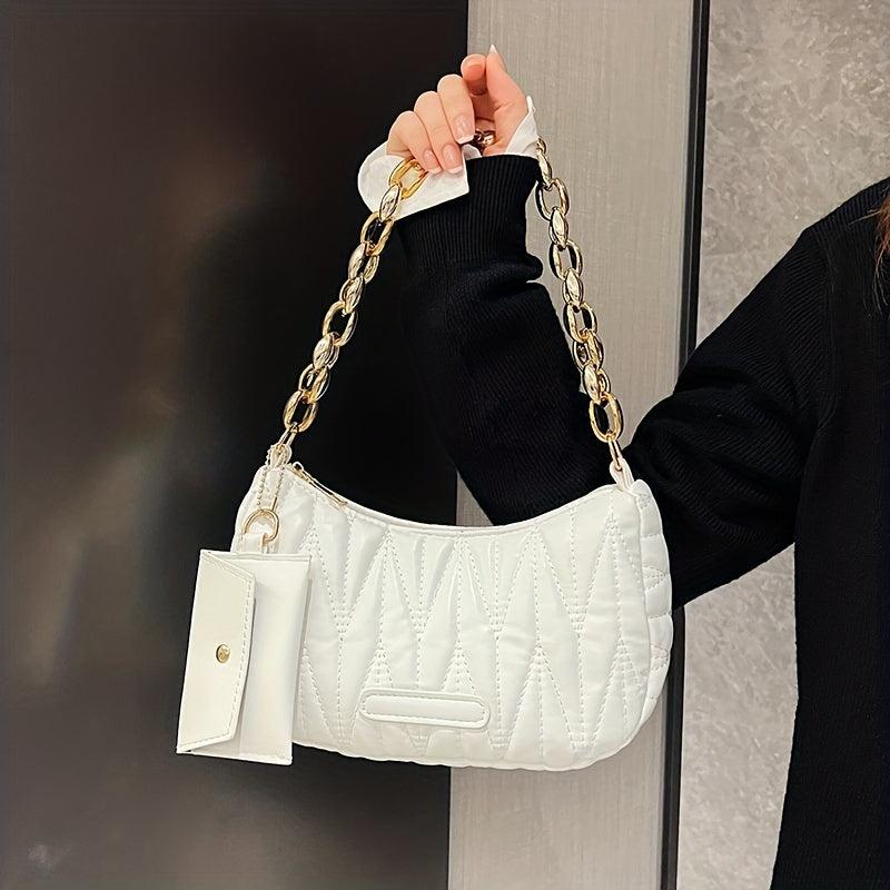 Quilted Solid Shoulder Bag With Chain Strap Underarm Bag