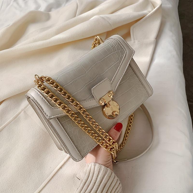 Crocodile Embossed Shoulder Bag Chain Crossbody Bag Women's Square Purse