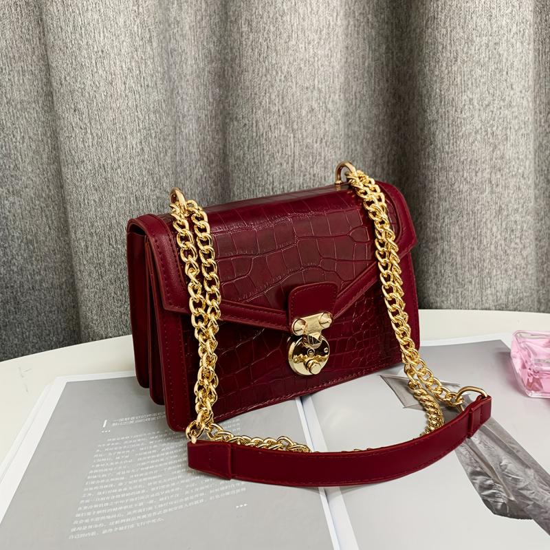 Crocodile Embossed Shoulder Bag Chain Crossbody Bag Women's Square Purse