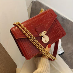 Crocodile Embossed Shoulder Bag Chain Crossbody Bag Women's Square Purse