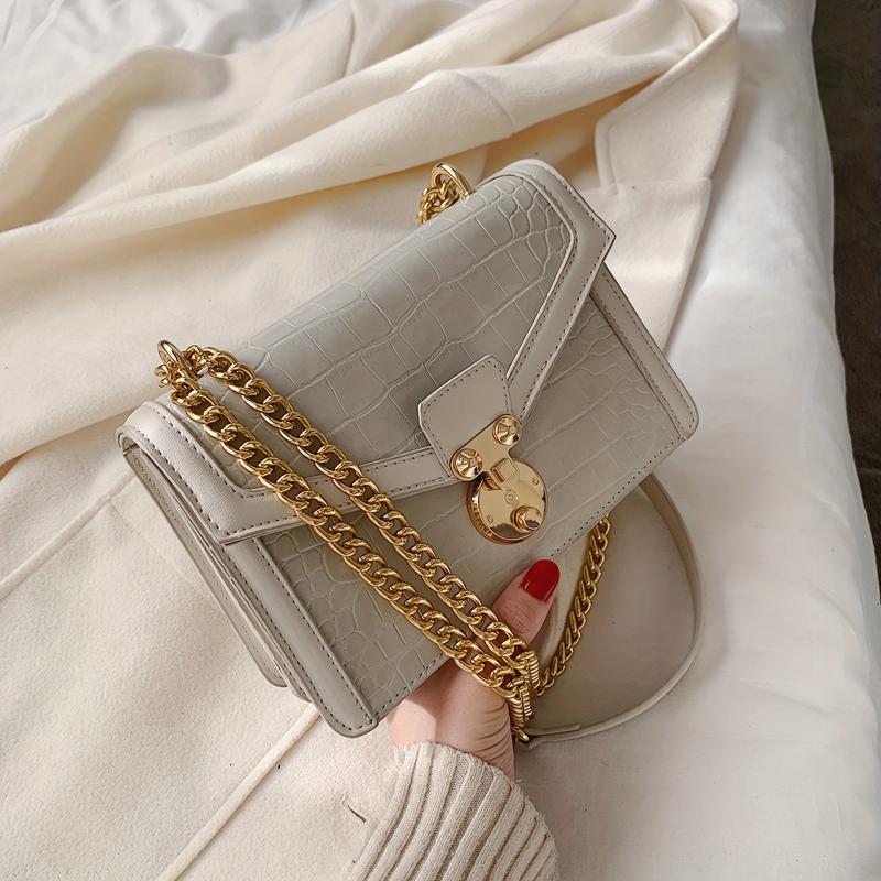 Crocodile Embossed Shoulder Bag Chain Crossbody Bag Women's Square Purse