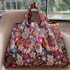 Floral Pattern Foldable Tote Bag Portable Lightweight Shoulder Bag