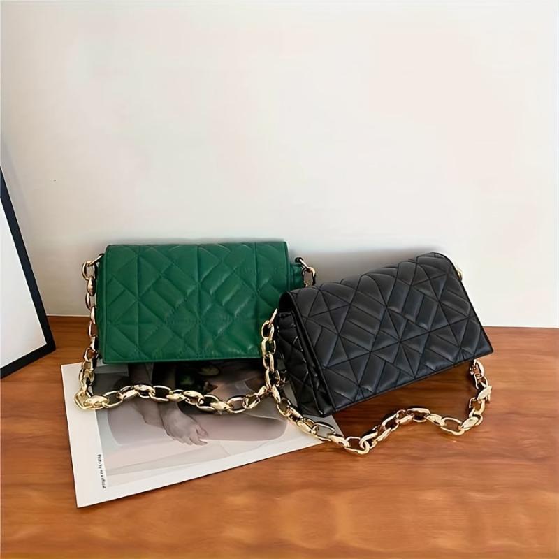 Quilted Chain Bag Solid Flap Shoulder Bag Stylish PU Leather Underarm Bag