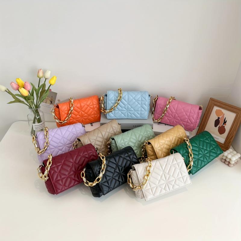 Quilted Chain Bag Solid Flap Shoulder Bag Stylish PU Leather Underarm Bag
