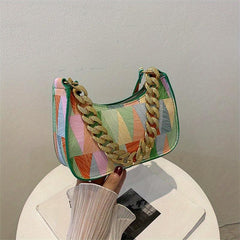Geometric Pattern Shoulder Bag Colorful Zipper PU Leather Handbag