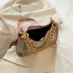 Geometric Pattern Shoulder Bag Colorful Zipper PU Leather Handbag