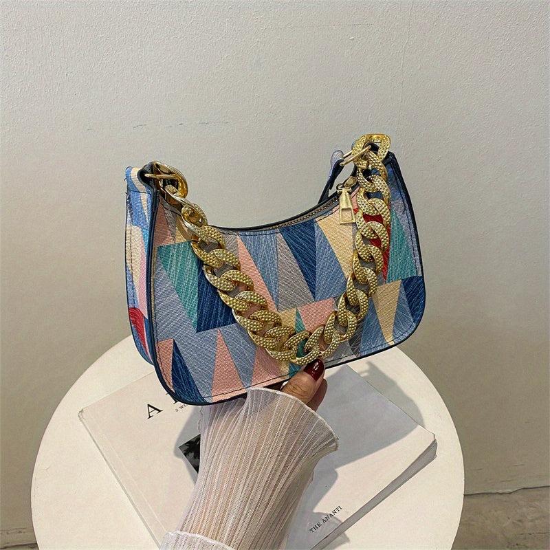 Geometric Pattern Shoulder Bag Colorful Zipper PU Leather Handbag