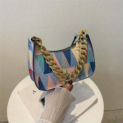 Geometric Pattern Shoulder Bag Colorful Zipper PU Leather Handbag