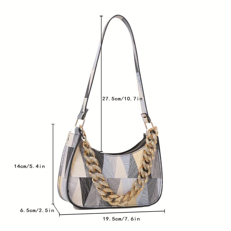 Geometric Pattern Shoulder Bag Colorful Zipper PU Leather Handbag