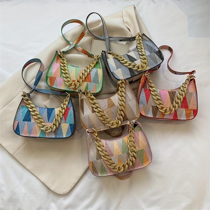 Geometric Pattern Shoulder Bag Colorful Zipper PU Leather Handbag