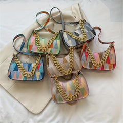 Geometric Pattern Shoulder Bag Colorful Zipper PU Leather Handbag