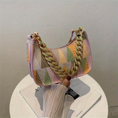 Geometric Pattern Shoulder Bag Colorful Zipper PU Leather Handbag