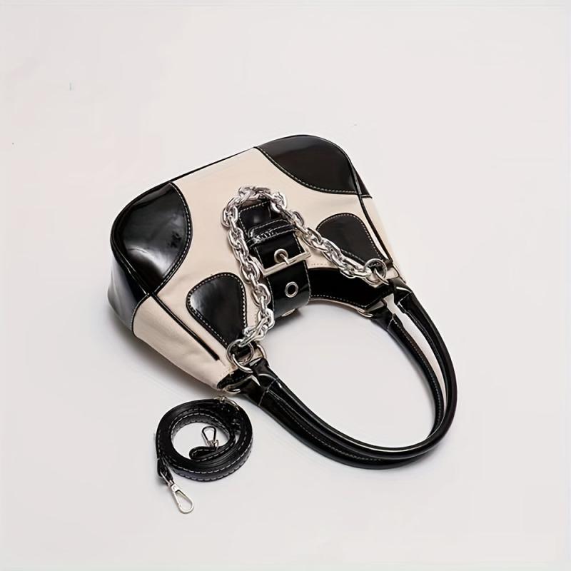 Colorblock Hobo Bag Buckle Strap Chain Underarm Bag