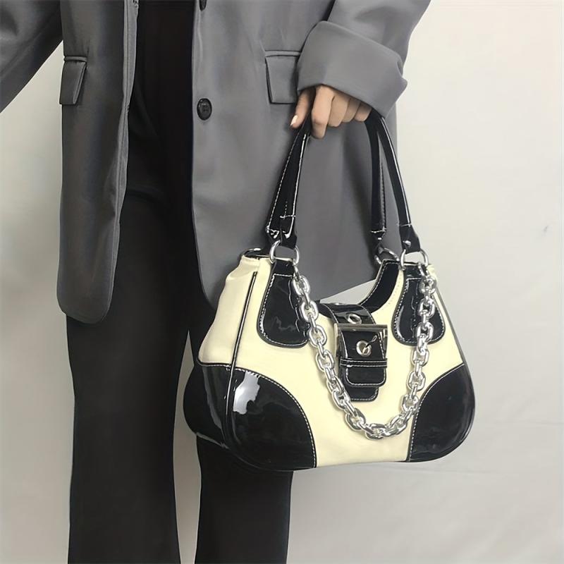 Colorblock Hobo Bag Buckle Strap Chain Underarm Bag