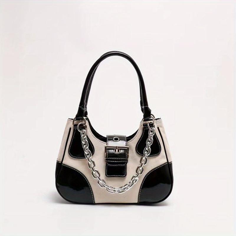 Colorblock Hobo Bag Buckle Strap Chain Underarm Bag
