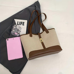Colorblock Turn Lock Canvas Tote Bag Large Capacity Handbag