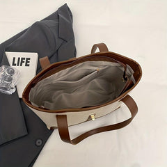 Colorblock Turn Lock Canvas Tote Bag Large Capacity Handbag
