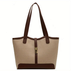 Colorblock Turn Lock Canvas Tote Bag Large Capacity Handbag