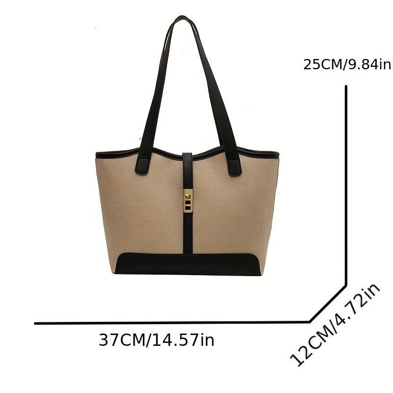 Colorblock Turn Lock Canvas Tote Bag Large Capacity Handbag