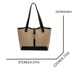 Colorblock Turn Lock Canvas Tote Bag Large Capacity Handbag