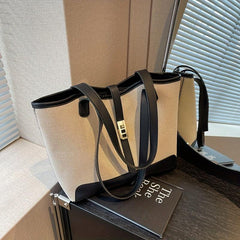 Colorblock Turn Lock Canvas Tote Bag Large Capacity Handbag