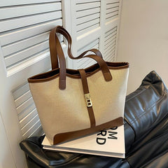 Colorblock Turn Lock Canvas Tote Bag Large Capacity Handbag