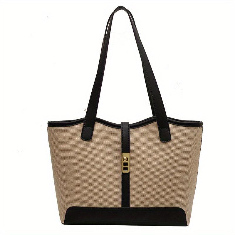 Colorblock Turn Lock Canvas Tote Bag Large Capacity Handbag