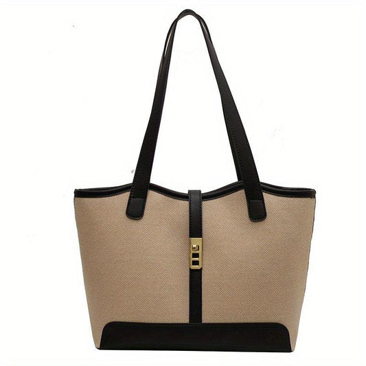 Colorblock Turn Lock Canvas Tote Bag Large Capacity Handbag