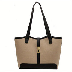 Colorblock Turn Lock Canvas Tote Bag Large Capacity Handbag