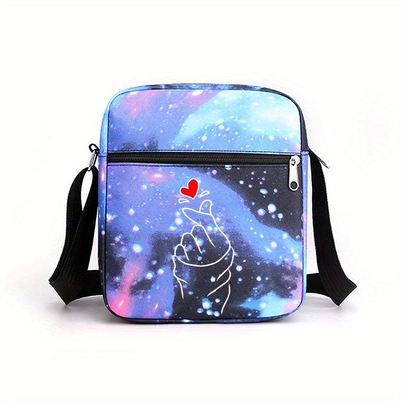 Heart Print Crossbody Bag Nylon Square Purse Casual Shoulder Bag