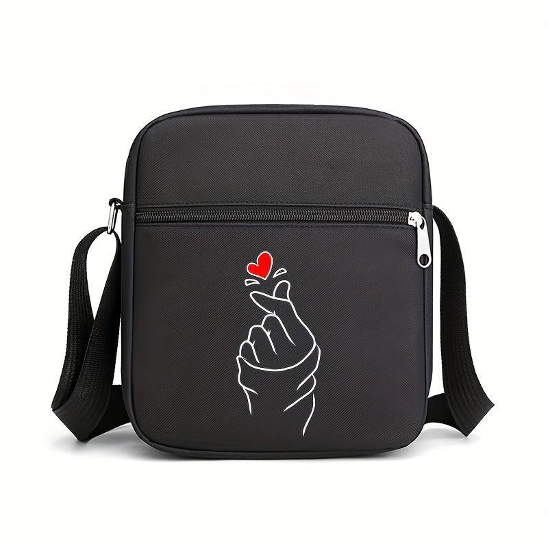 Heart Print Crossbody Bag Nylon Square Purse Casual Shoulder Bag