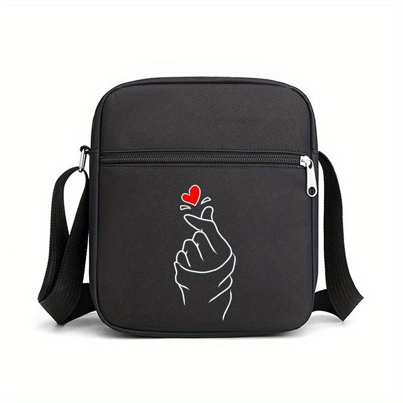 Heart Print Crossbody Bag Nylon Square Purse Casual Shoulder Bag