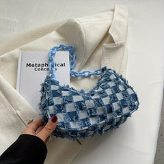 Plaid Ripped Shoulder Bag Denim Underarm Purse Chain Canvas Handbag