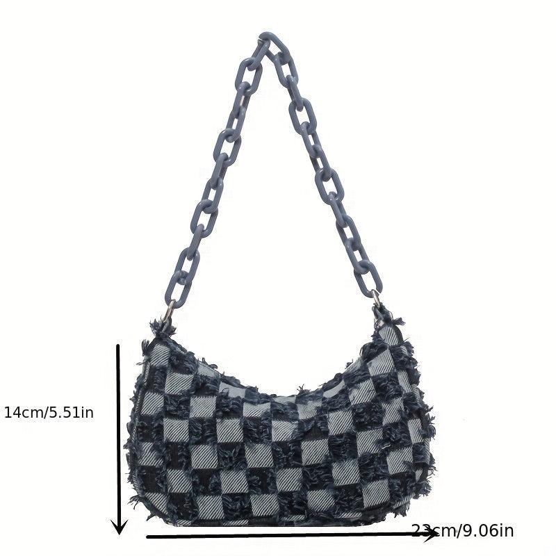 Plaid Ripped Shoulder Bag Denim Underarm Purse Chain Canvas Handbag