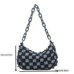 Plaid Ripped Shoulder Bag Denim Underarm Purse Chain Canvas Handbag