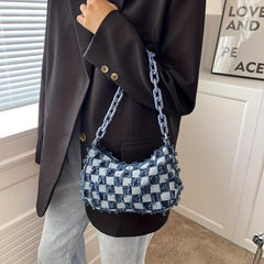 Plaid Ripped Shoulder Bag Denim Underarm Purse Chain Canvas Handbag