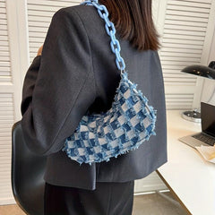 Plaid Ripped Shoulder Bag Denim Underarm Purse Chain Canvas Handbag
