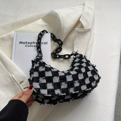 Plaid Ripped Shoulder Bag Denim Underarm Purse Chain Canvas Handbag