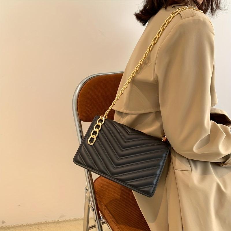 Quilted Detail Chain Crossbody Bag Solid Color All Match Flap Shoulder Bag