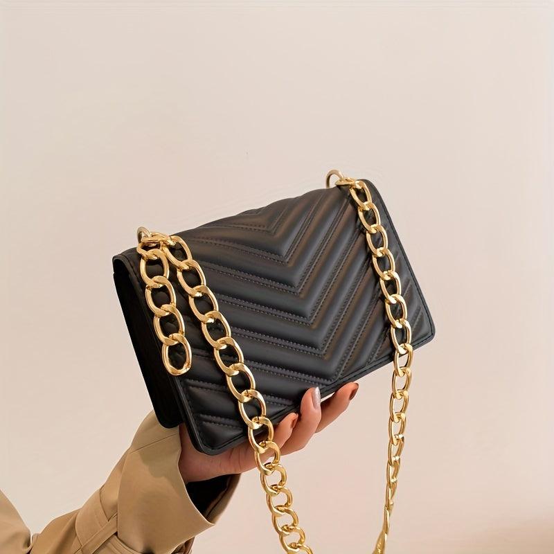 Quilted Detail Chain Crossbody Bag Solid Color All Match Flap Shoulder Bag