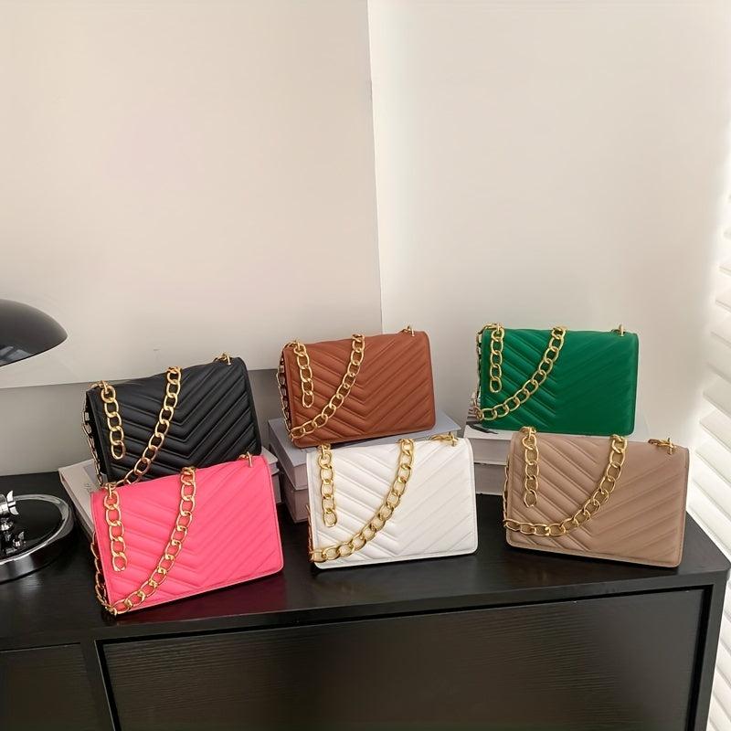 Quilted Detail Chain Crossbody Bag Solid Color All Match Flap Shoulder Bag