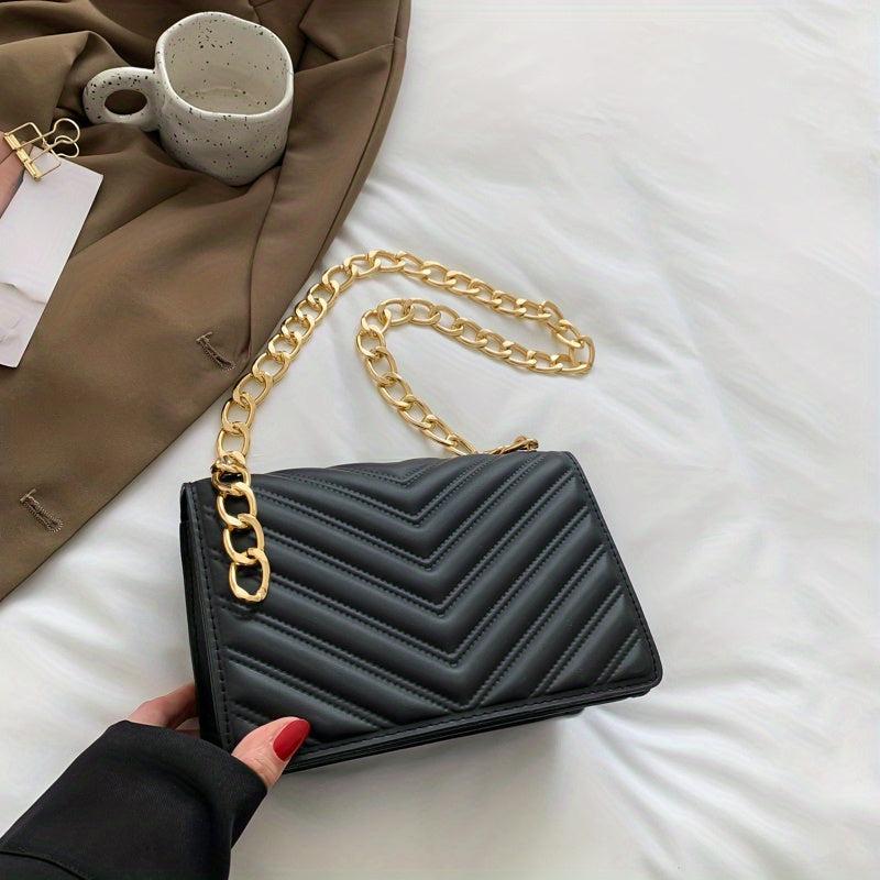 Quilted Detail Chain Crossbody Bag Solid Color All Match Flap Shoulder Bag