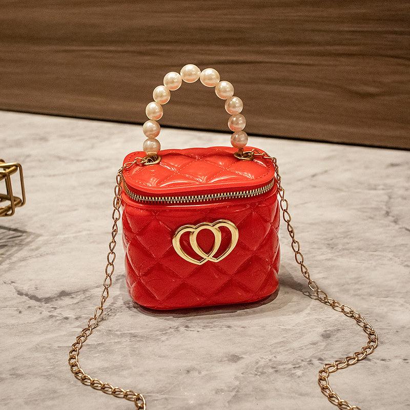 Heart Decor Satchel Bag Beaded Handle Quilted Zipper Purse