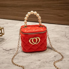 Heart Decor Satchel Bag Beaded Handle Quilted Zipper Purse