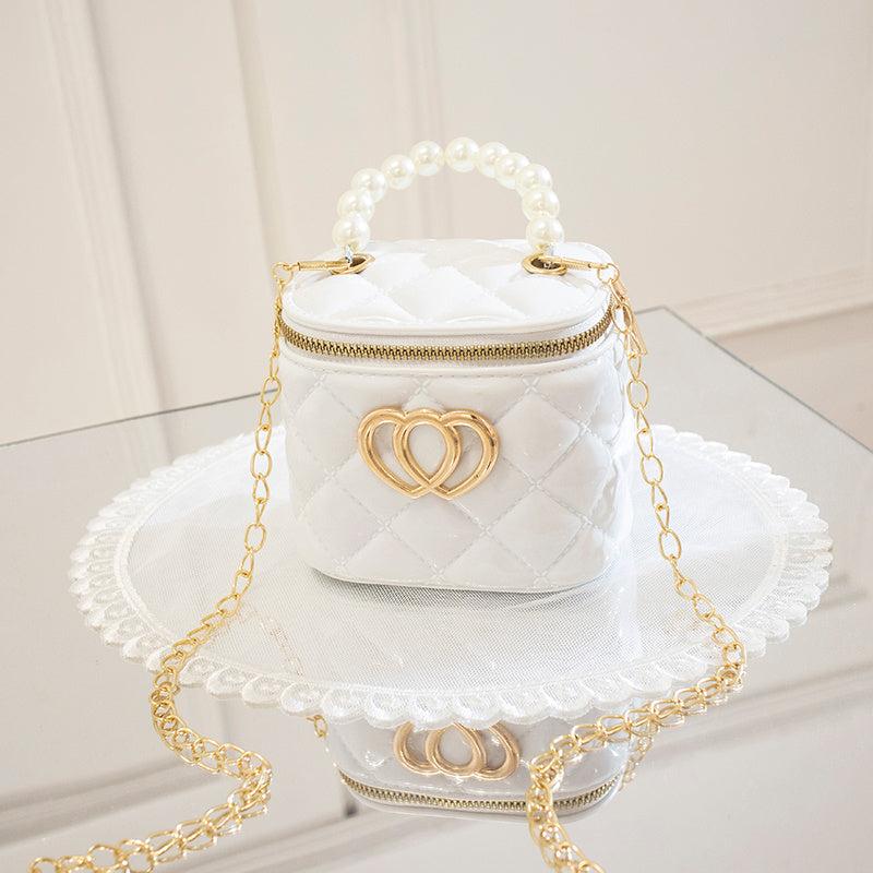 Heart Decor Satchel Bag Beaded Handle Quilted Zipper Purse