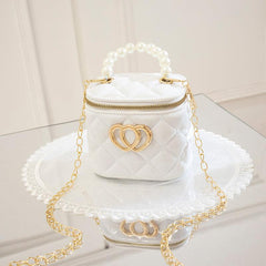 Heart Decor Satchel Bag Beaded Handle Quilted Zipper Purse