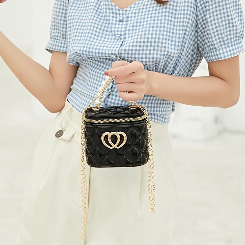 Heart Decor Satchel Bag Beaded Handle Quilted Zipper Purse
