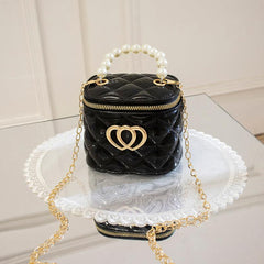 Heart Decor Satchel Bag Beaded Handle Quilted Zipper Purse